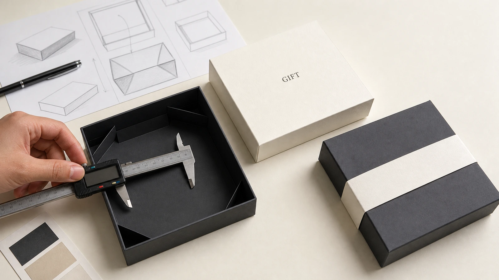 Illustration de la mesure intérieure d’un coffret cadeau rigide et du contrôle de lisibilité du graphisme sur le couvercle