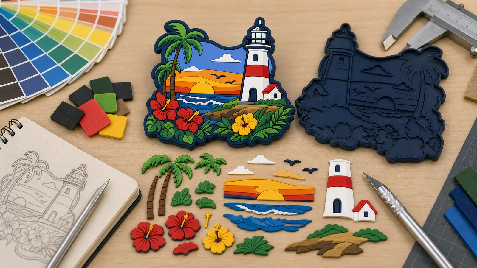 Présentation du design et des composants de l'aimant en PVC moulé Aimant en PVC à motif de phare illustratif, face non colorée et pièces de couleur séparées à côté d'un croquis et d'un pied à coulisse