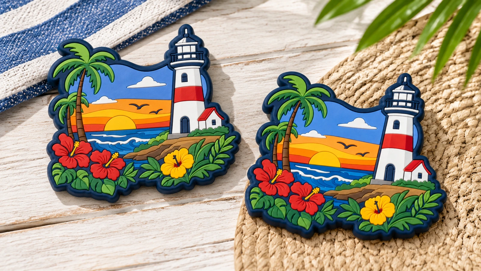 Deux aimants en PVC à motif de phare Paire illustrative d'aimants en PVC à motif de phare, posée sur du bois et un tissu tissé