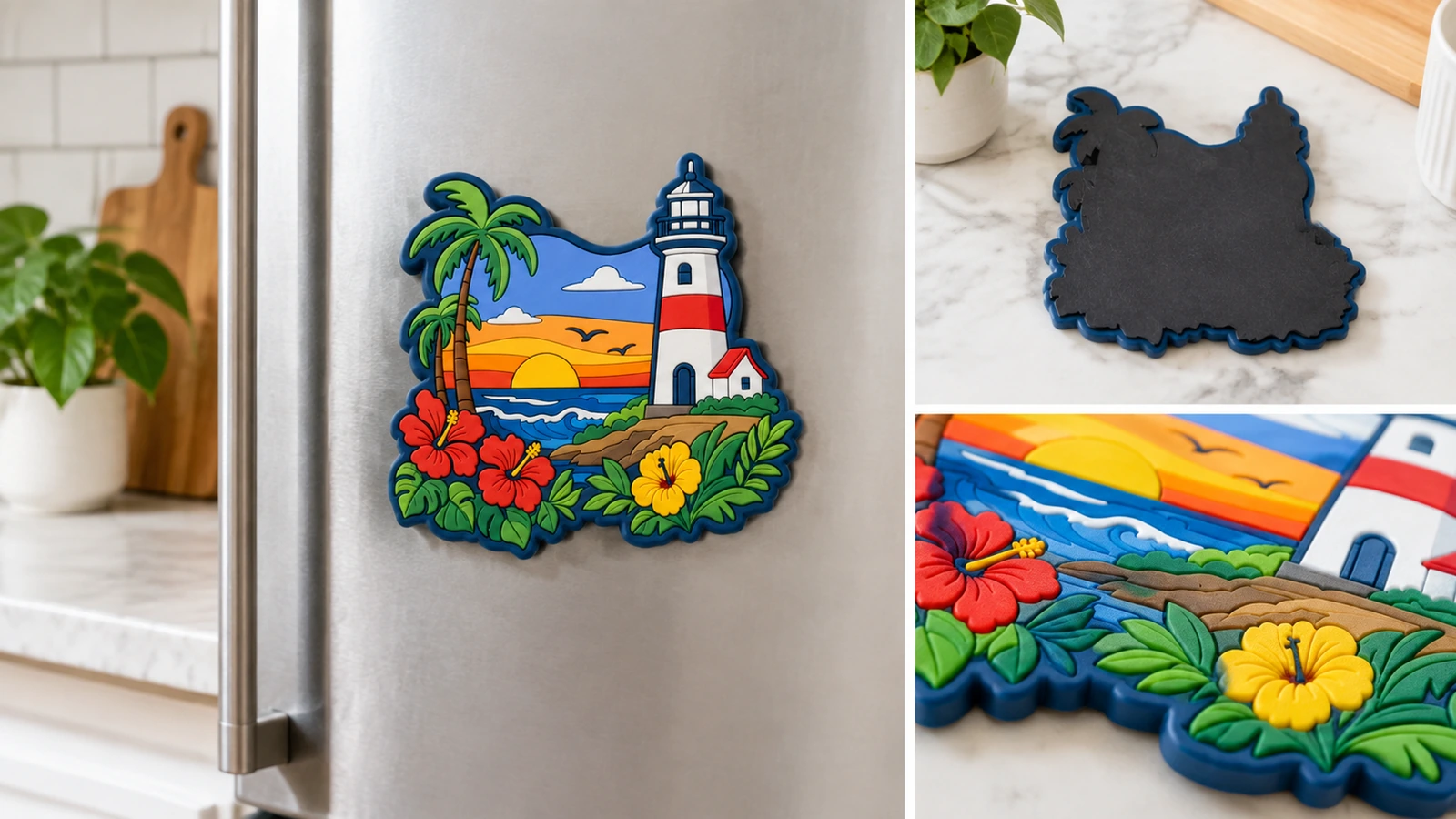 Présentation des aimants en PVC et montage de détails Montage illustratif d'un aimant à motif de phare sur un réfrigérateur, avec le verso et un détail moulé