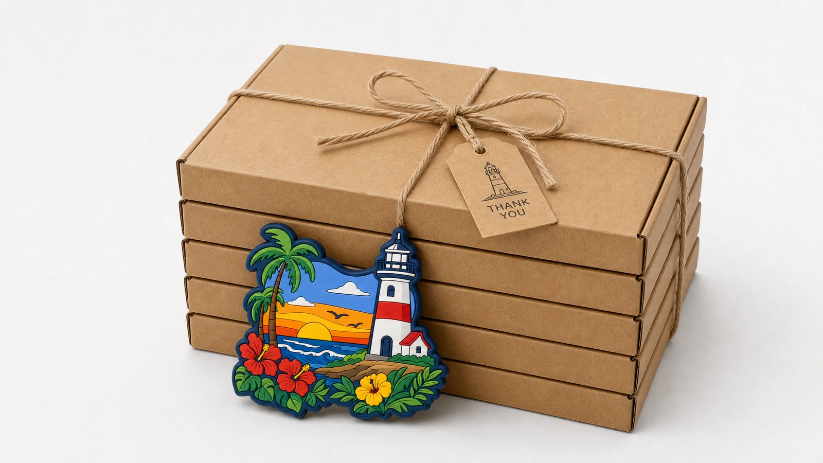 Aimant en PVC à côté de coffrets cadeaux Aimant illustratif à motif de phare placé à côté de coffrets cadeaux kraft empilés, attachés avec de la ficelle
