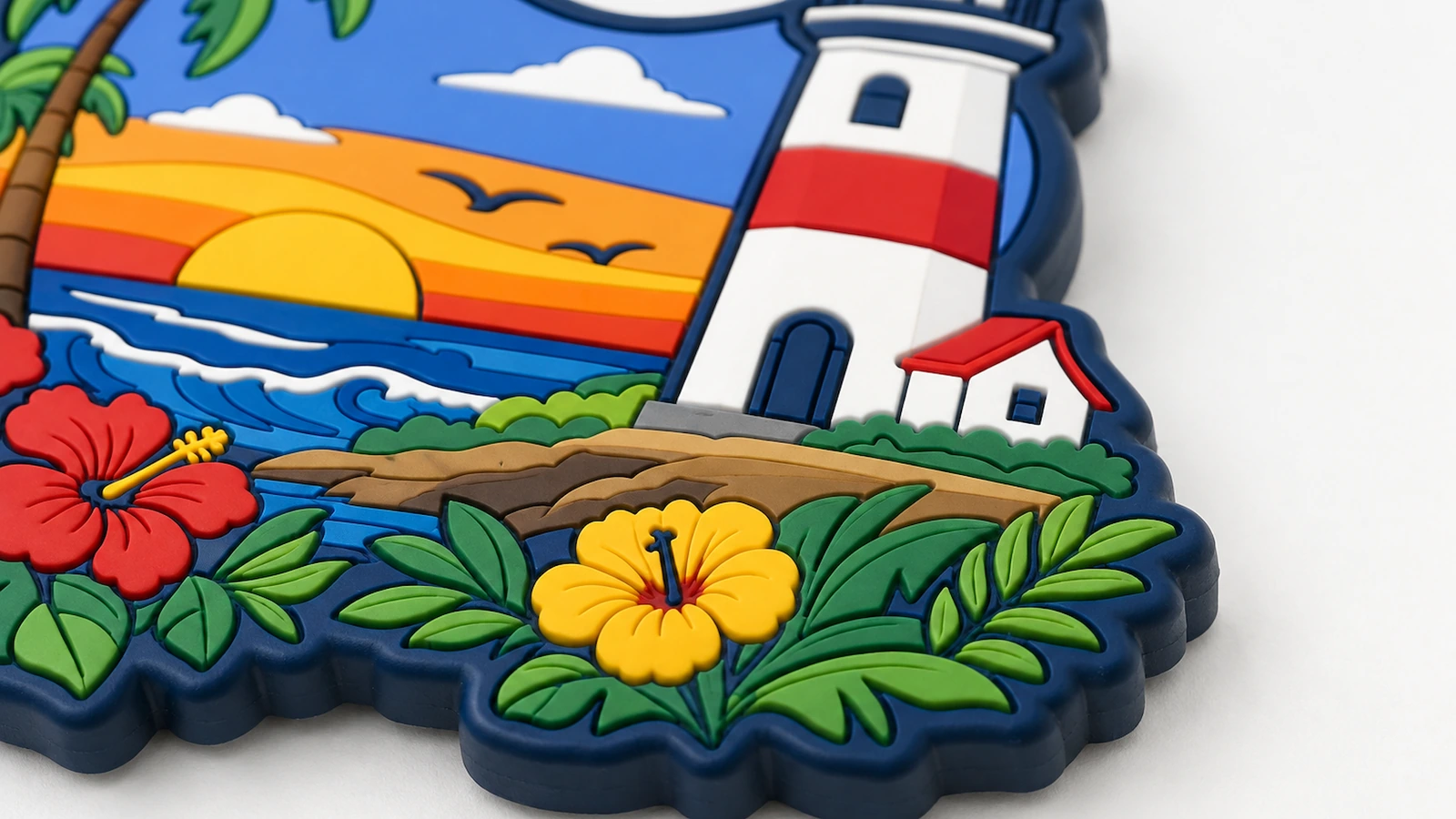 Détail de la face moulée en PVC Gros plan illustratif d'un phare en relief, de fleurs et de détails de coucher de soleil sur un aimant en PVC