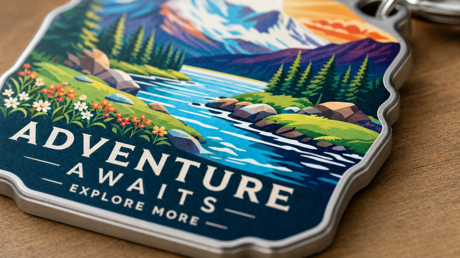 Détail d'un porte-clés paysage en montagne Gros plan d'un porte-clés paysage façonné montrant des montagnes, une rivière et les mots « Adventure Awaits »