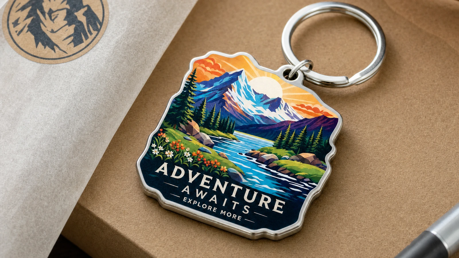 Présentation du porte-clés paysage Porte-clés paysage en montagne avec anneau brisé couleur argent sur papier kraft