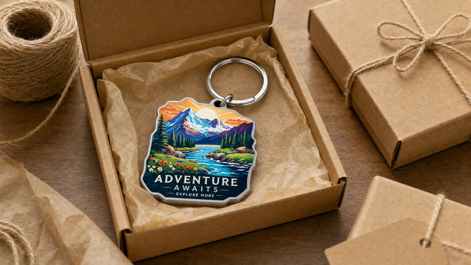Porte-clés paysage en boîte Porte-clés paysage présenté dans une boîte kraft doublée de papier de soie, à côté de ficelle et de boîtes fermées