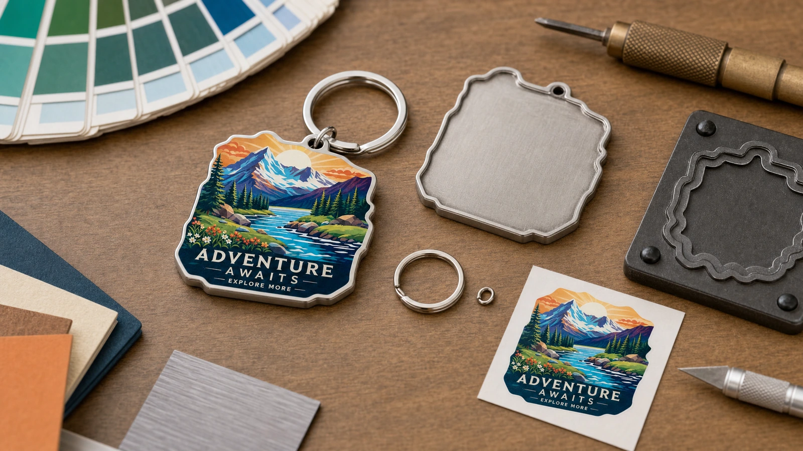 Porte-clés paysage et matériaux de développement Porte-clés paysage à côté de formes métalliques simples, d'un outil de contour foncé, de nuanciers et d'une référence de visuel