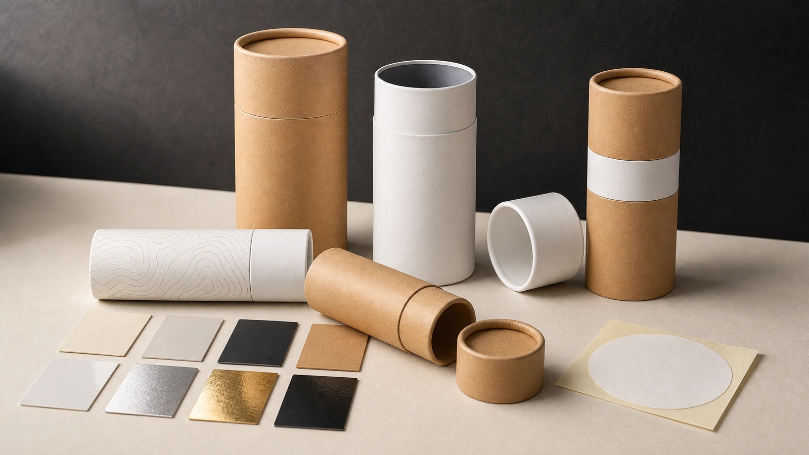 Concepts de tubes et nuanciers de finitions Boîtes cylindriques kraft et blanches avec couvercles amovibles, à côté de nuanciers de finitions et de papiers