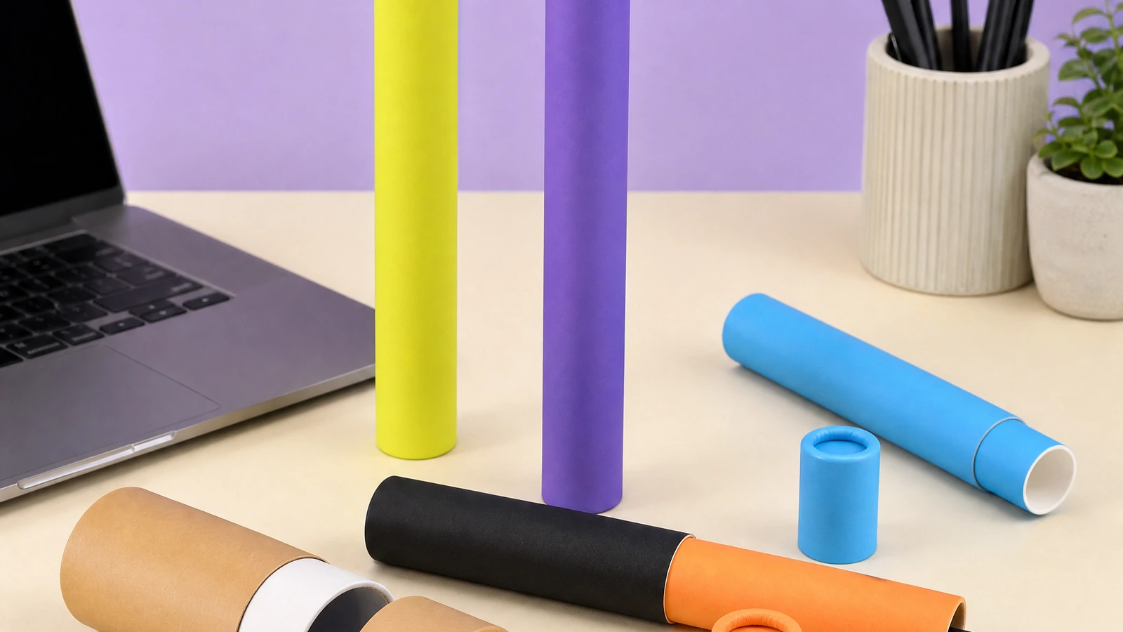 Concepts de tubes colorés et kraft Tubes cylindriques de couleurs vives et kraft, à extrémités ouvertes et fermées, posés sur un bureau