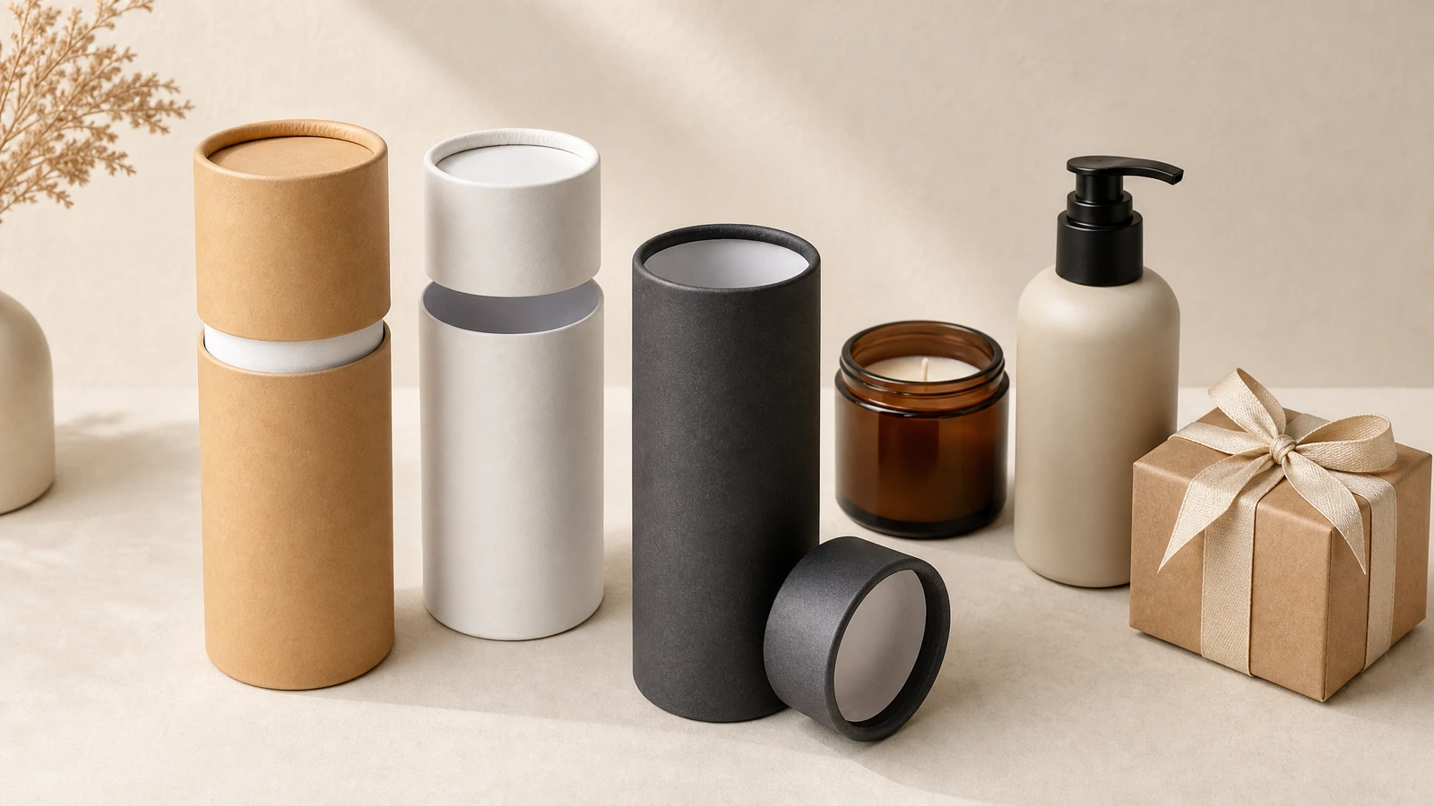Applications illustratives d’emballage tubulaire Tubes en papier kraft, blancs et foncés, à côté d’un pot de bougie, d’un flacon à pompe et d’un cadeau emballé