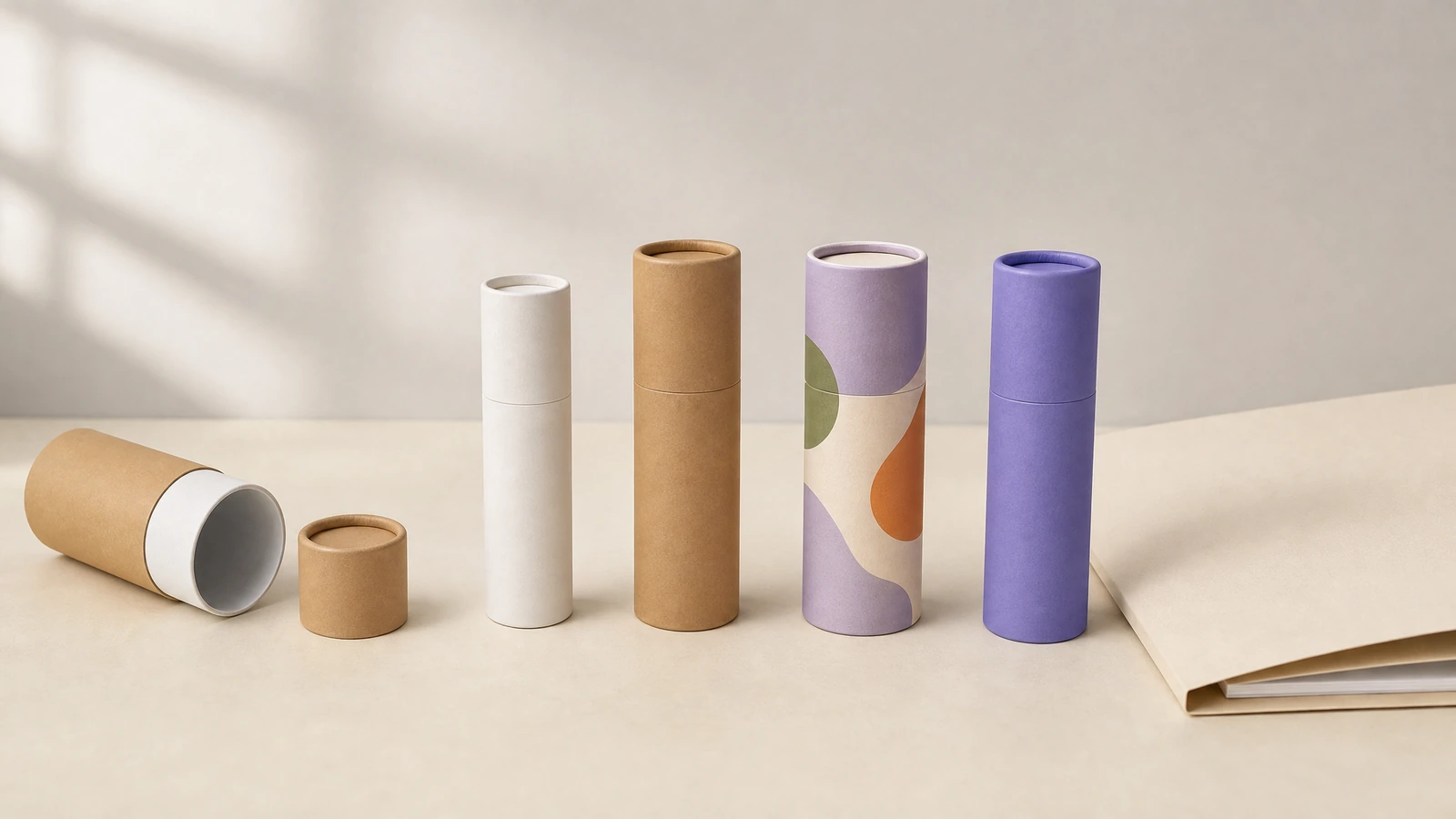 Échantillons de tubes unis et décorés Échantillons de tubes unis et décorés posés debout à côté d’un tube kraft ouvert
