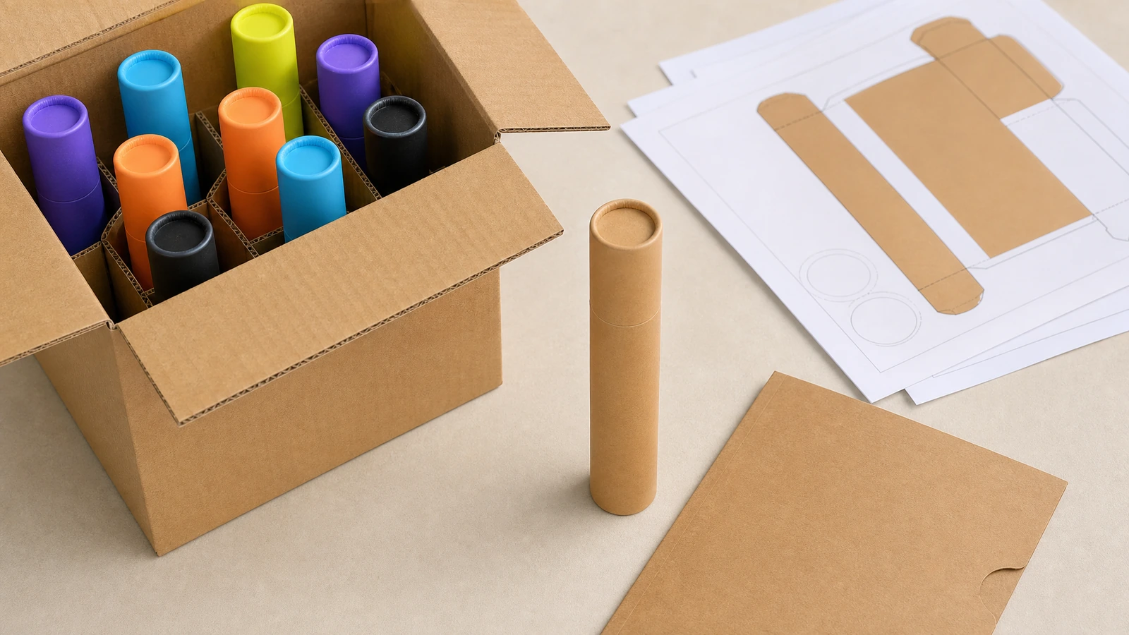 Concept de conditionnement en tubes et plan de carton Tubes colorés rangés debout dans un carton, à côté d’un tube kraft et d’un plan de carton