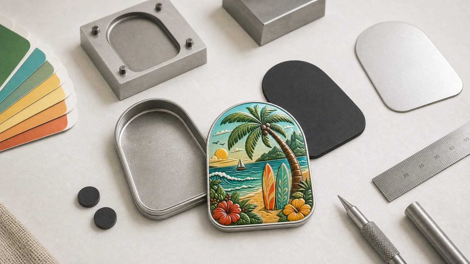 Illustration d’un aimant en fer-blanc au motif tropical, formes métalliques et pièces de dos noires à côté d’outils graphiques