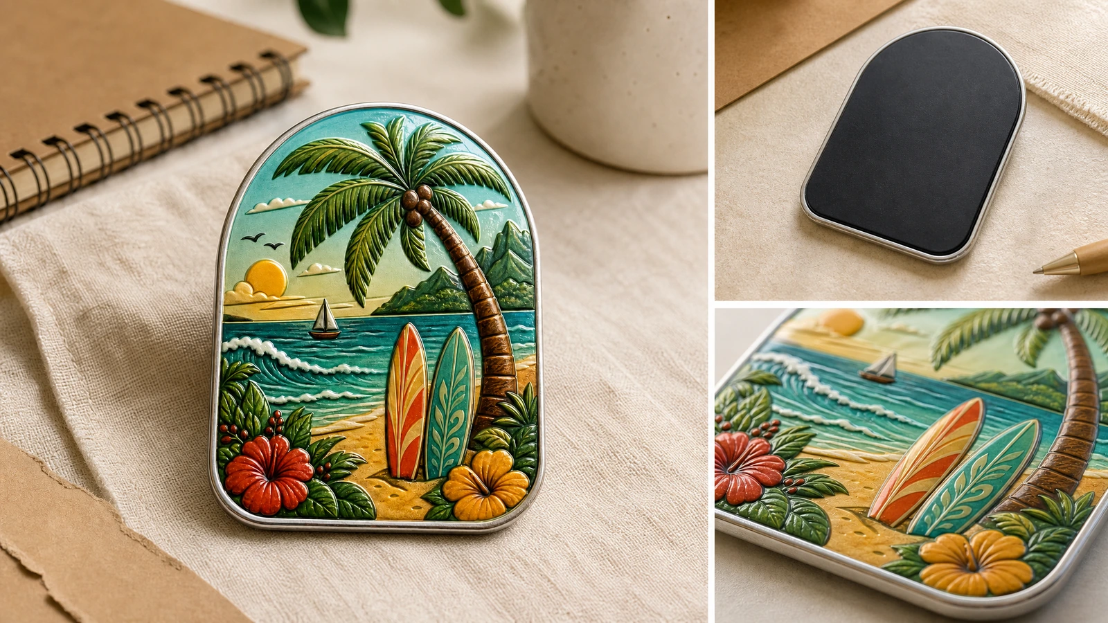 Collage illustratif : face d’un aimant tropical, verso noir et gros plan sur les motifs en relief