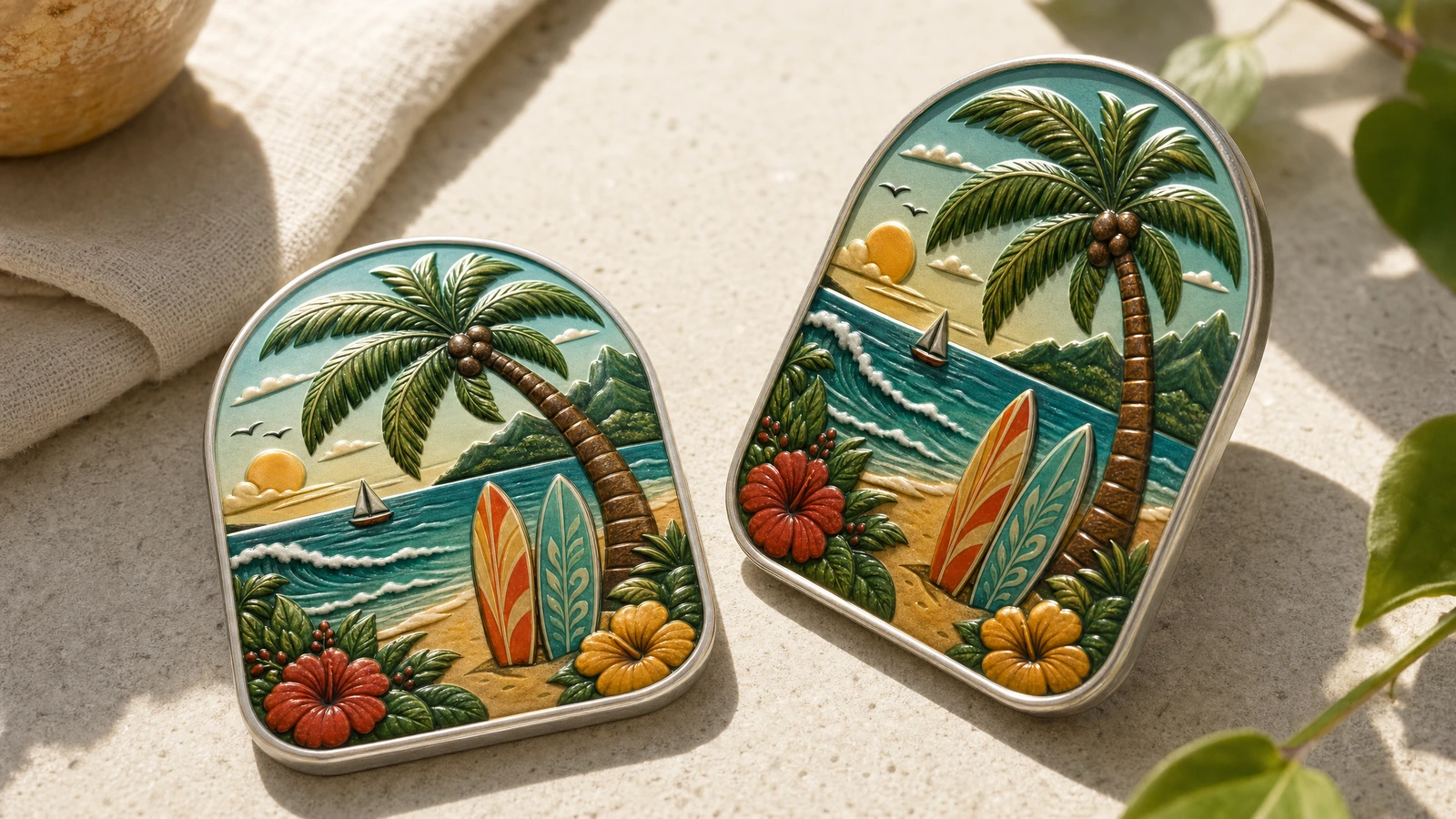 Illustration d’une paire d’aimants tropicaux en fer-blanc posés sur une surface claire