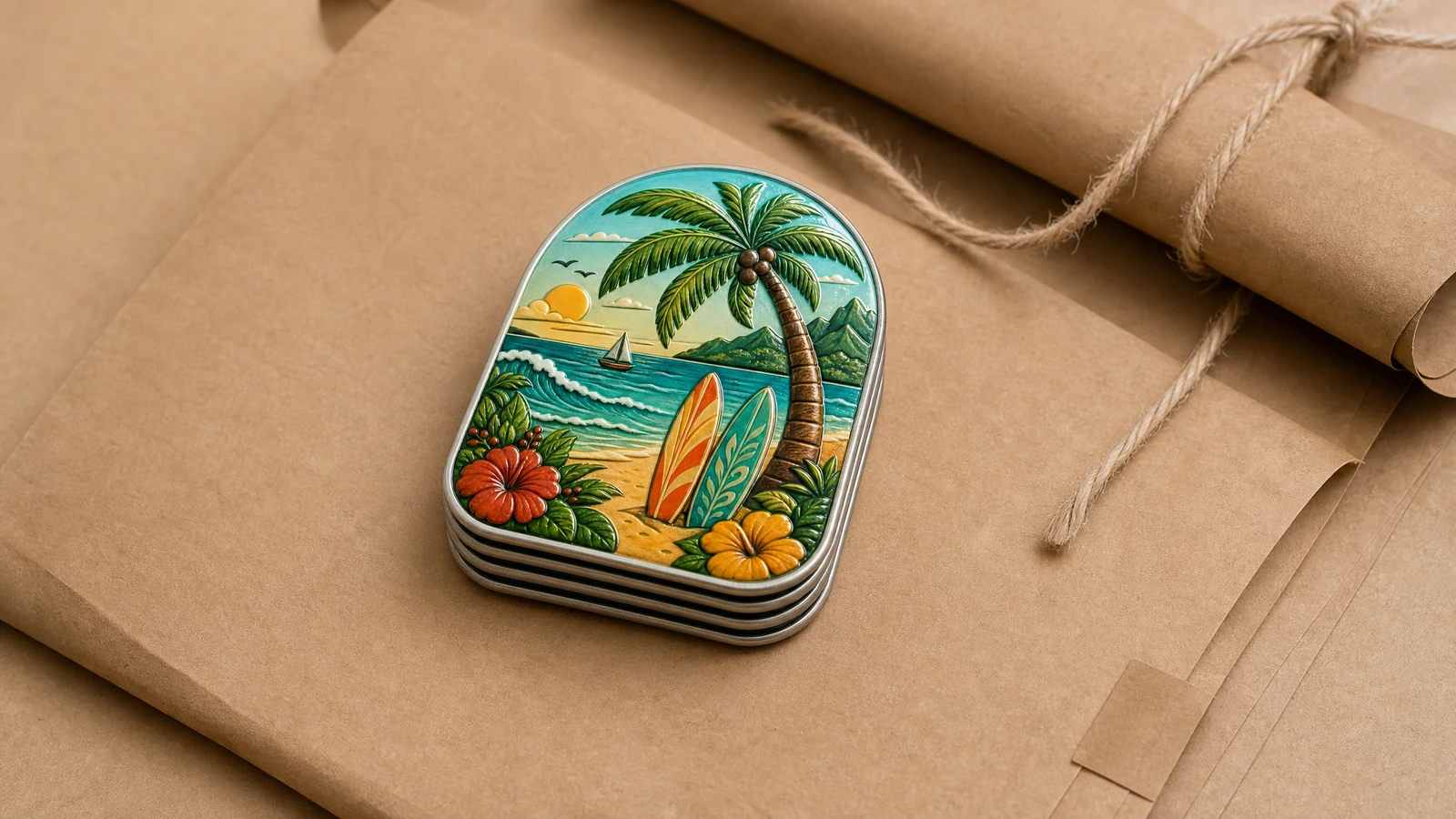 Illustration d’aimants en fer-blanc empilés sur papier kraft d’emballage, à côté d’une ficelle