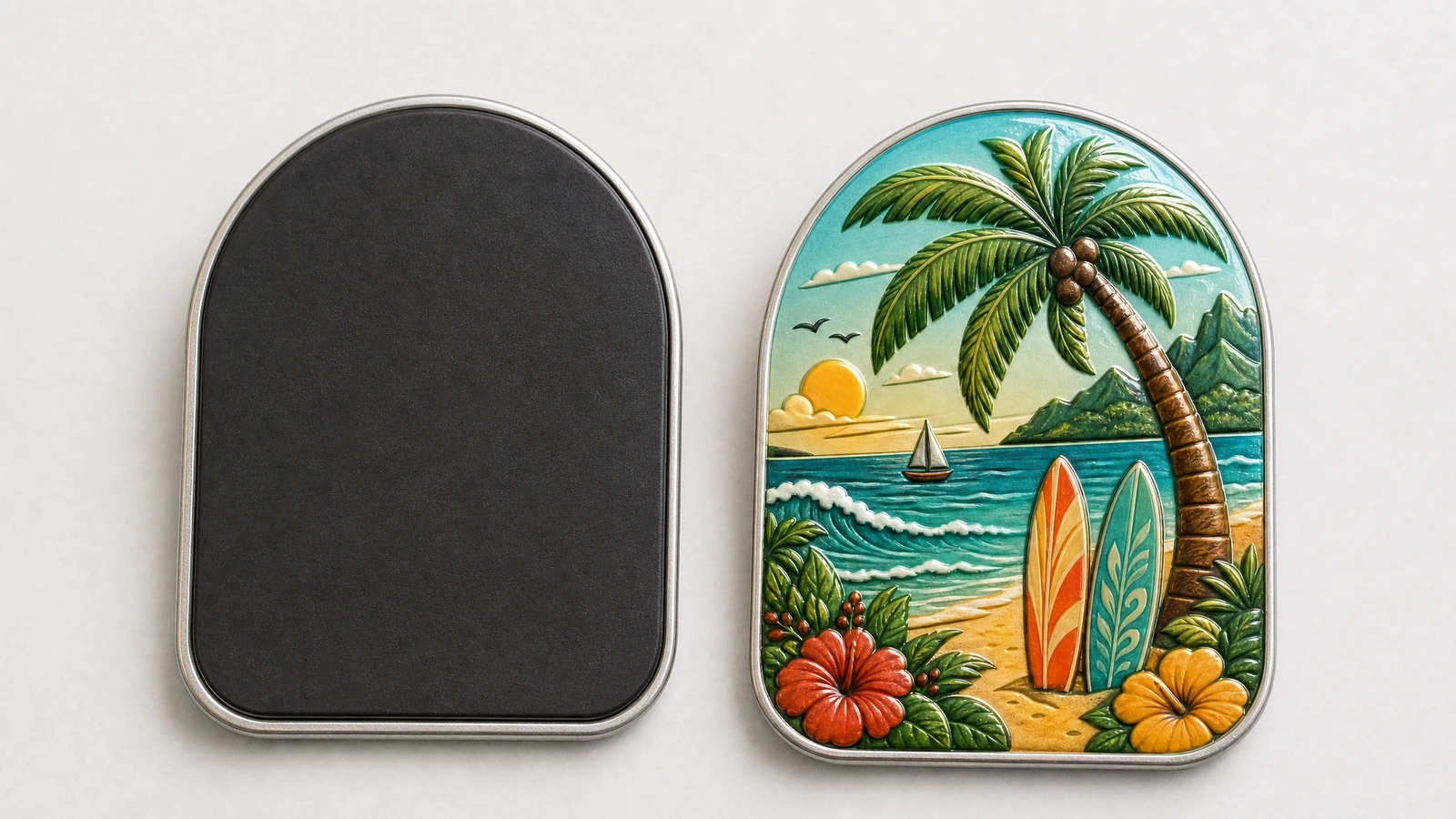 Illustration de la face d’un aimant au motif tropical, à côté de son verso à dos noir