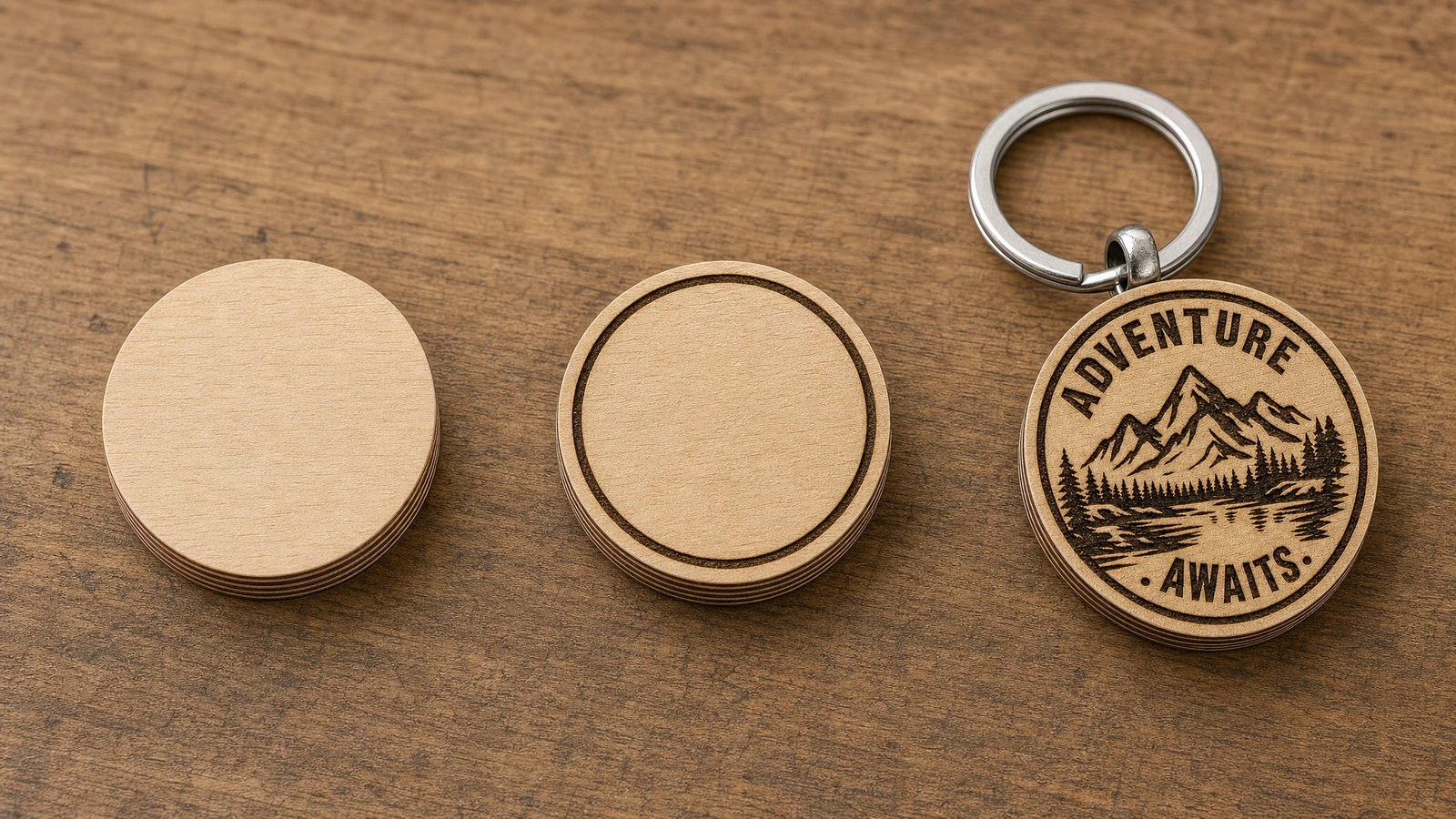 Disque en bois et porte-clés terminé Disque en bois lisse, disque contour et porte-clés gravé fini, disposés en rangée