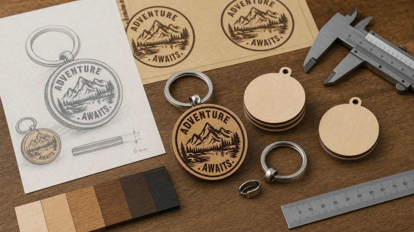 Porte-clés en bois et matériel de conception Porte-clés rond en bois avec gravure de montagne, à côté de formes vierges, d'un visuel, d'un pied à coulisse et d'une règle
