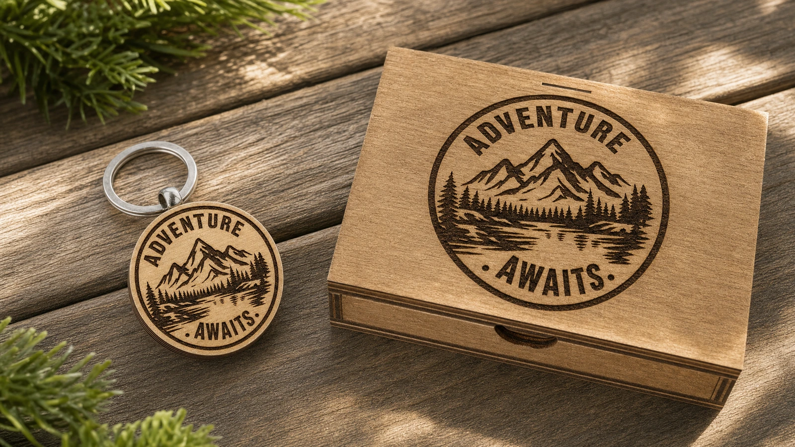 Porte-clés en bois et boîte assortie Porte-clés en bois au motif de montagne, à côté d'une boîte de présentation en bois au visuel assorti