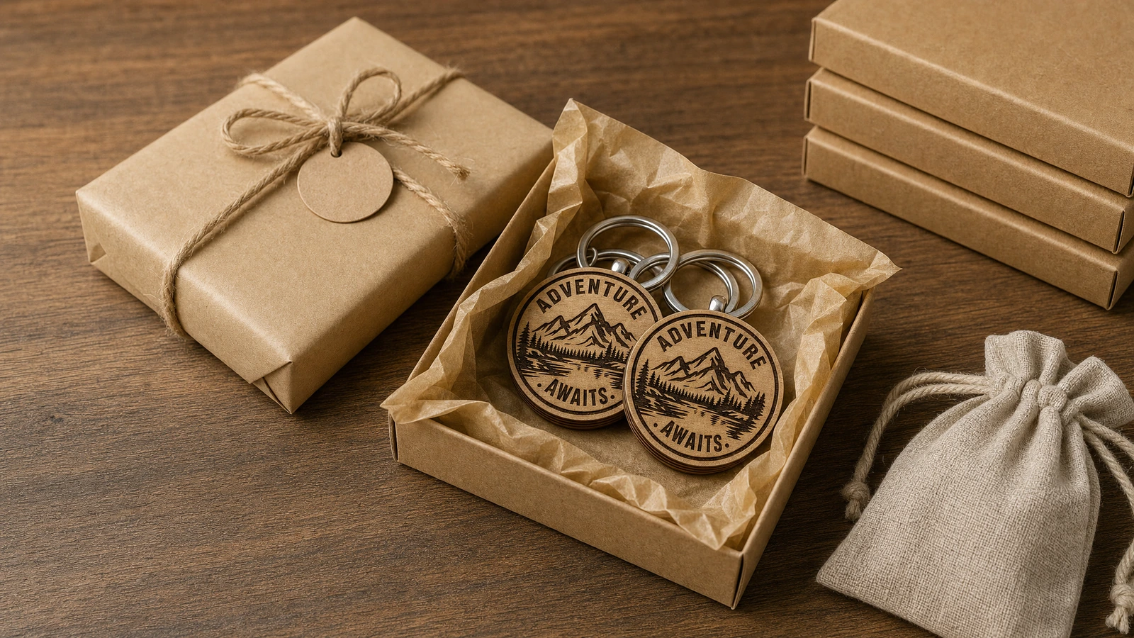 Porte-clés en bois emballés Porte-clés en bois gravés dans une boîte kraft doublée de papier de soie, à côté d'un emballage cadeau et d'une pochette en tissu