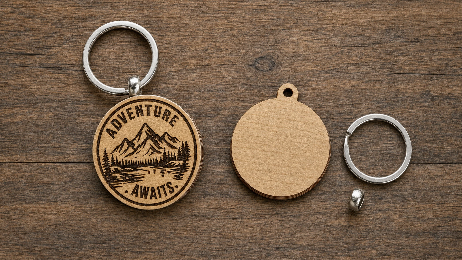 Porte-clés en bois et composants de fixation Porte-clés rond en bois gravé à côté d'une forme en bois lisse et d'une bague métallique détachée