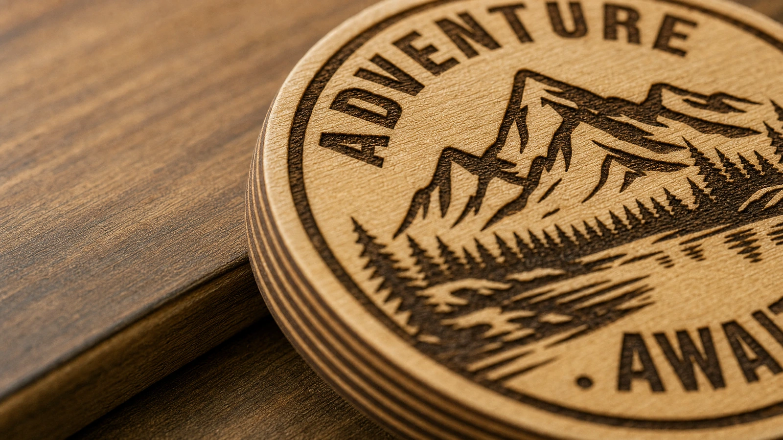 Surface en bois gravée et bord stratifié Gros plan de la gravure de montagne et du lettrage « Adventure Awaits » sur un disque en bois stratifié
