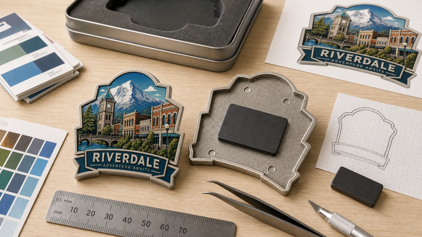 Présentation du design et des composants de l'aimant souvenir Aimant souvenir Riverdale illustratif, face arrière, visuel et nuanciers de couleurs à côté d'une règle