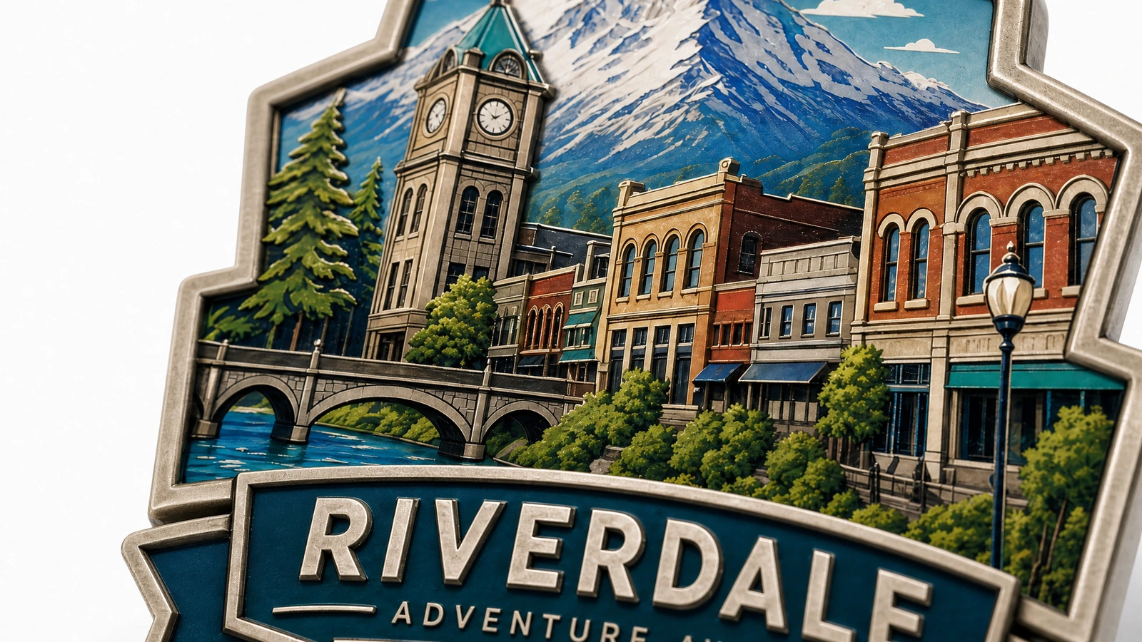 Gros plan sur le visuel de l'aimant souvenir Gros plan illustratif sur des bâtiments, un visuel de montagnes et le lettrage Riverdale sur la face de l'aimant