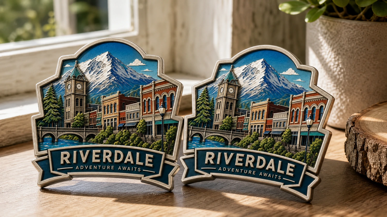 Deux aimants souvenirs en présentation Paire illustrative d'aimants souvenirs Riverdale posés sur un rebord de fenêtre en bois