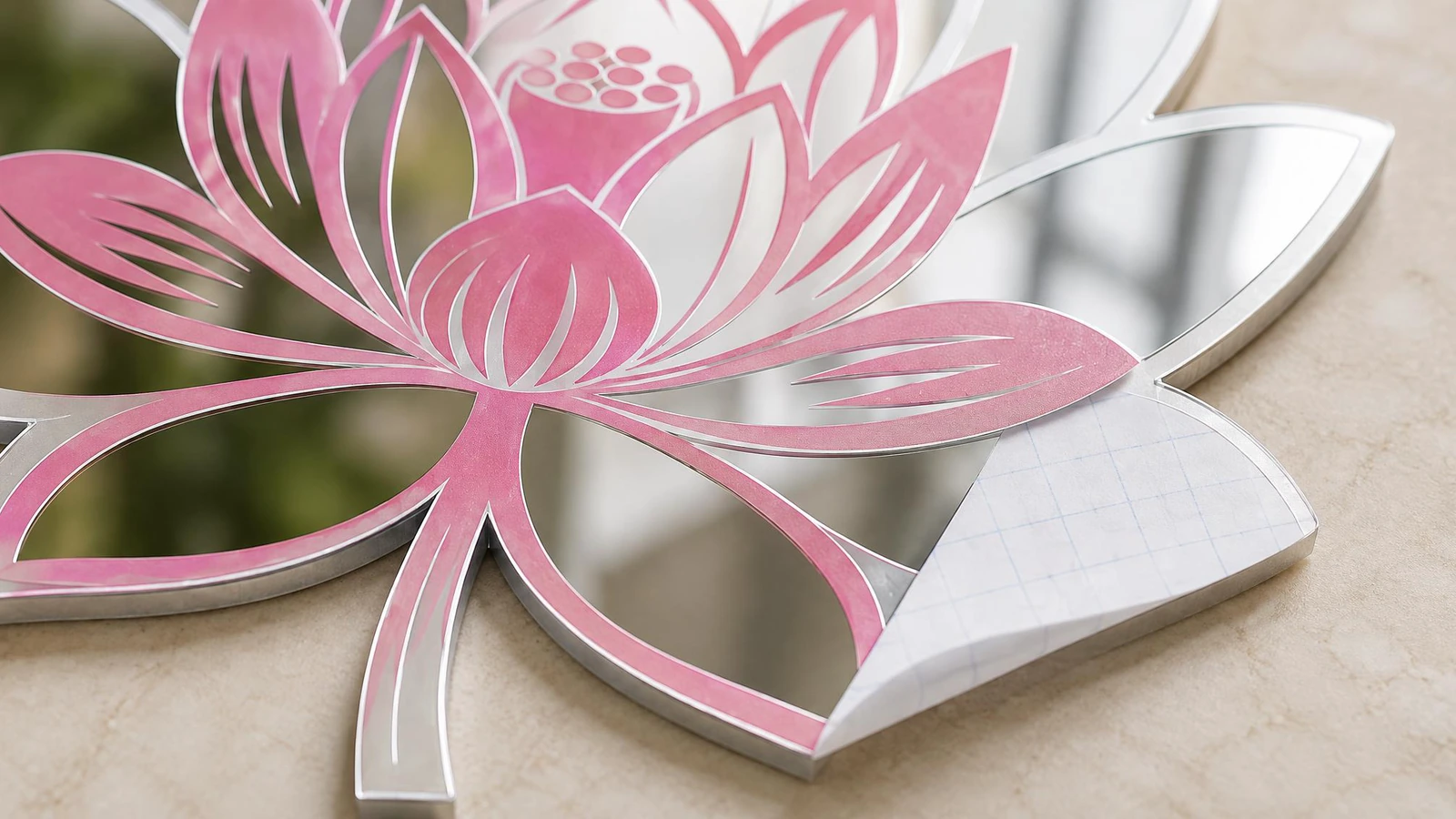 Visuel du décalque miroir lotus et détail du papier de protection décollé Gros plan d'un motif lotus rose sur un décalque miroir, avec un coin du papier blanc de protection décollé