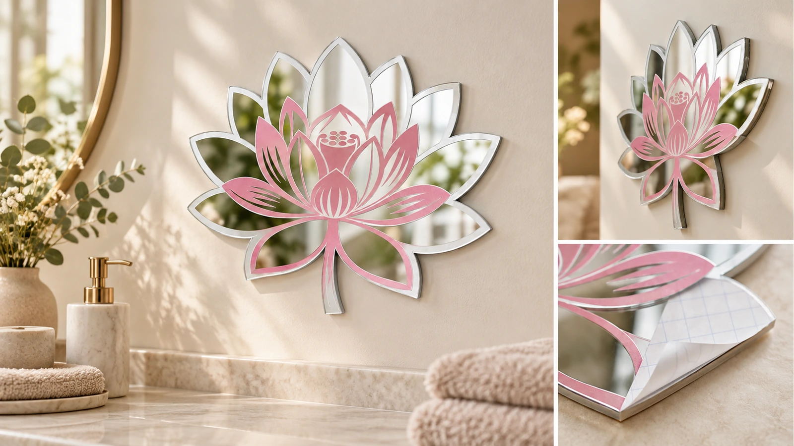 Présentation et détail en collage de décalques miroir lotus Collage d'un décalque miroir lotus près d'un lavabo et d'un miroir rond, avec des détails de profil et du papier de protection décollé