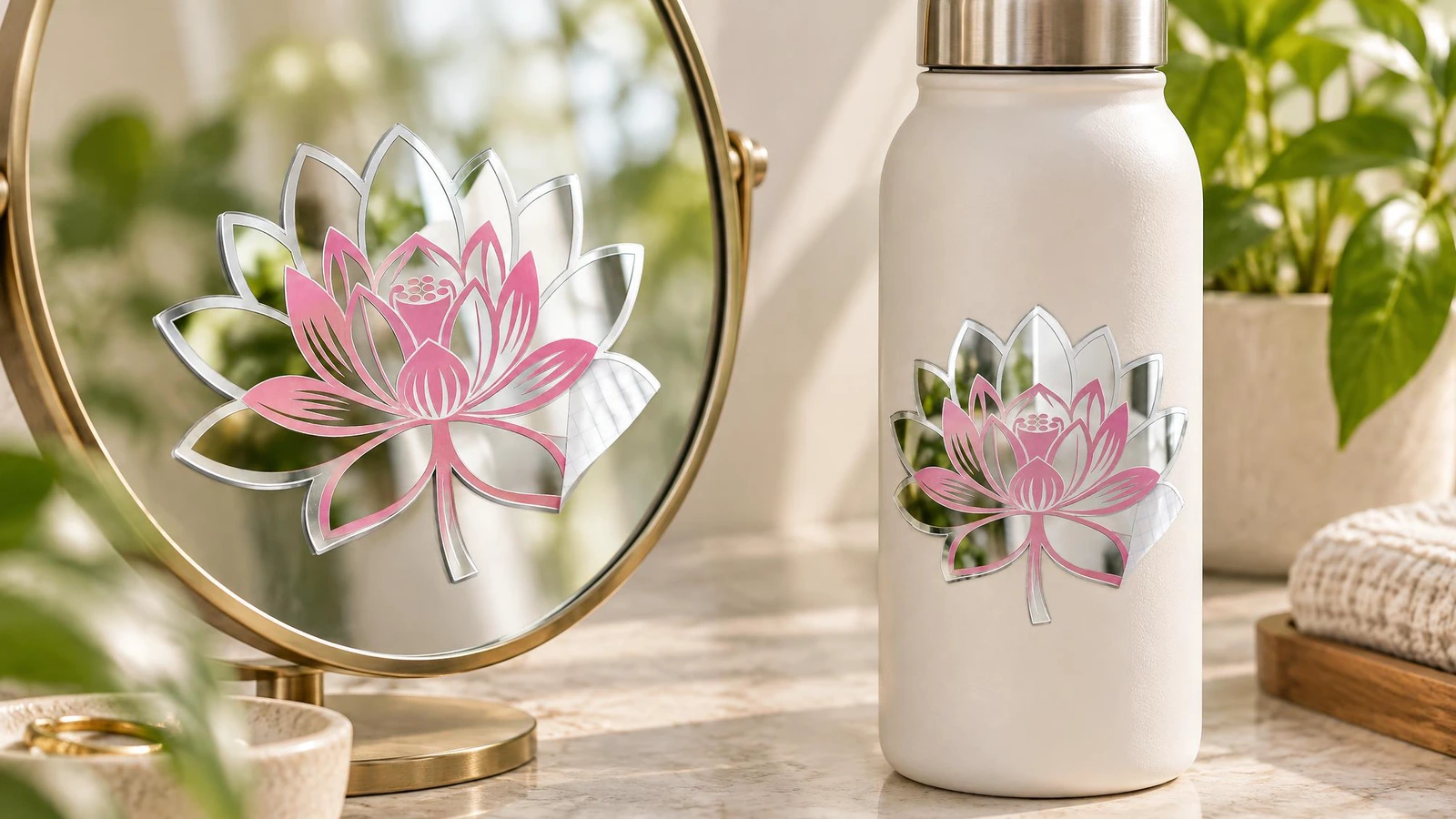 Exemples d'application de décalques miroir lotus Décalques lotus roses et argentés posés sur un miroir de table et sur un flacon blanc