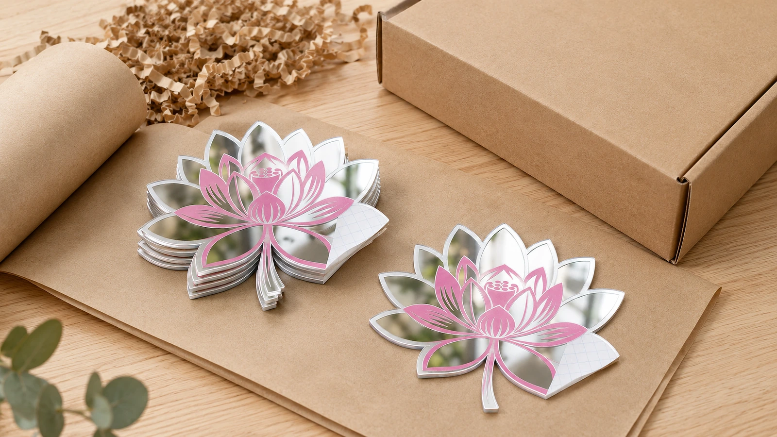 Décalques miroir lotus à côté de matériaux d'emballage Décalques miroir lotus en vrac et empilés sur du carton, à côté d'une boîte kraft ouverte et de matériau de calage en papier