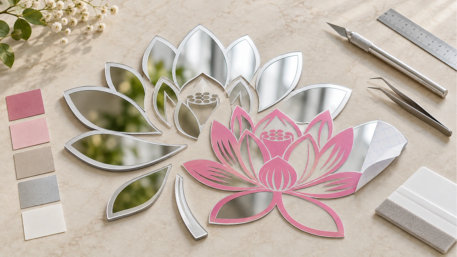 Décalque miroir lotus avec nuanciers de couleurs et outils de découpe Décalque miroir lotus argenté avec détail floral rose, à côté de nuanciers de couleurs, d'une règle et d'un cutter sur un plan de travail