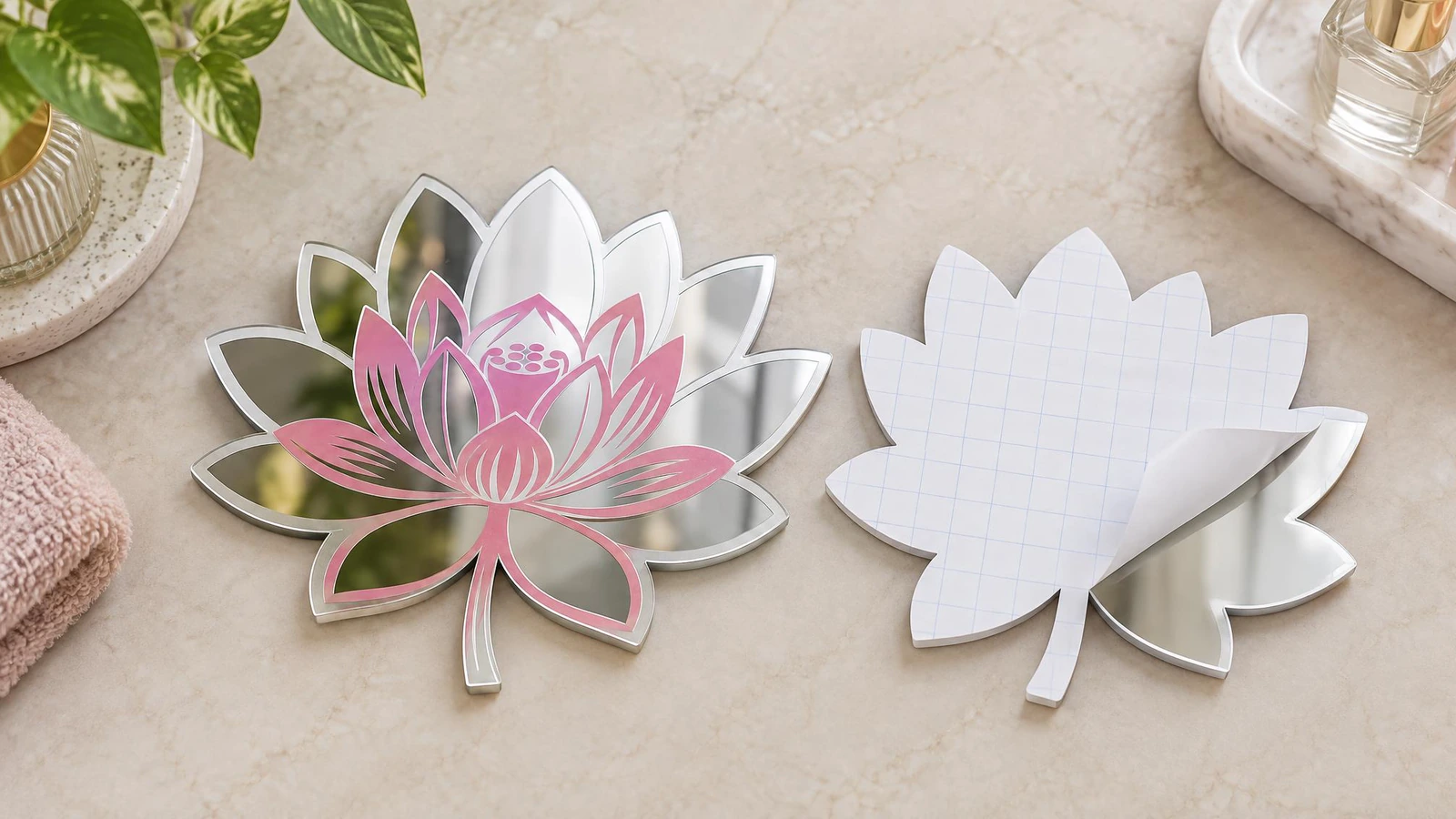 Face réfléchissante et support blanc des décalques miroir lotus Décalques miroir en forme de lotus montrant les faces réfléchissantes et les feuilles blanches de support, dont un coin du papier de protection est décollé