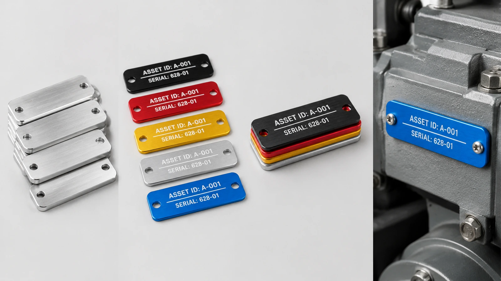 Dos d'étiquettes argentées vierges, étiquettes en aluminium imprimées en couleur et une étiquette bleue fixée sur un équipement