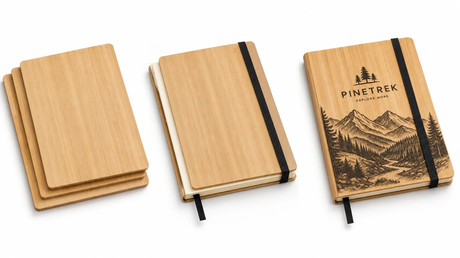 Couvertures simples à côté d'un carnet non décoré et d'un carnet à motif de montagne