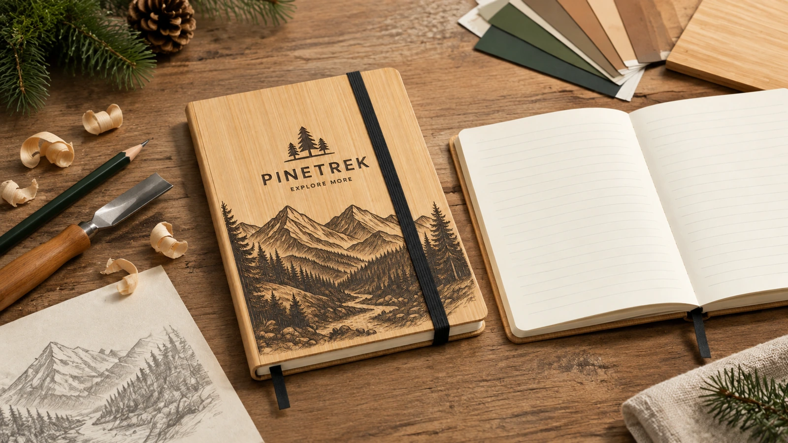 Carnet à couverture en bambou avec motif de montagne, à côté de pages lignées, d'outils de dessin et de nuanciers de couleurs