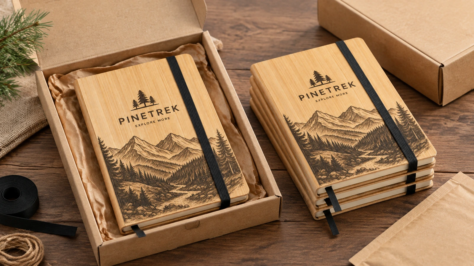 Carnet en bambou dans un coffret cadeau à papier doublé, à côté d'une pile de carnets assortis