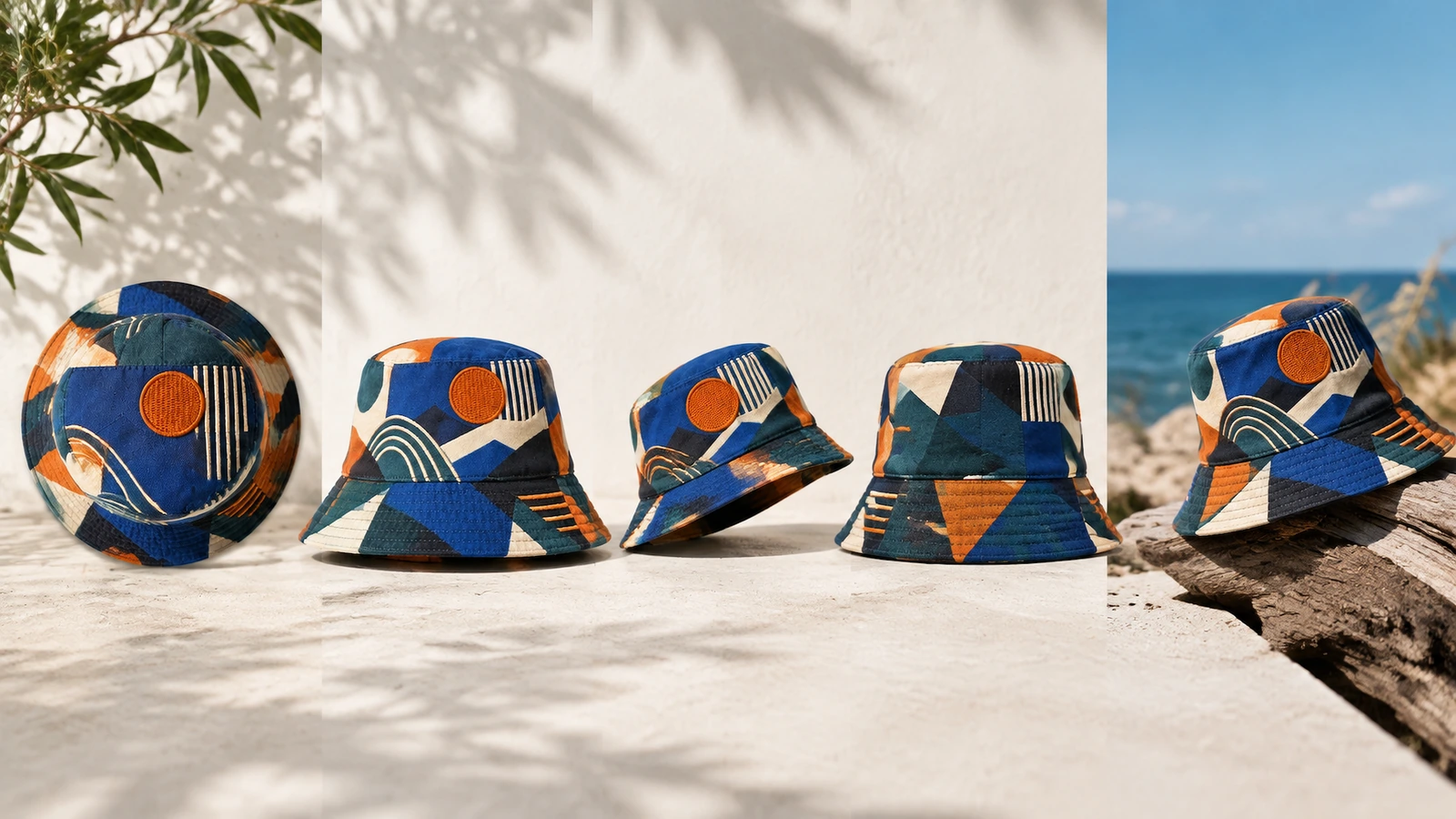 Collage de bobs à motifs présentés à plat, debout et au bord de la mer