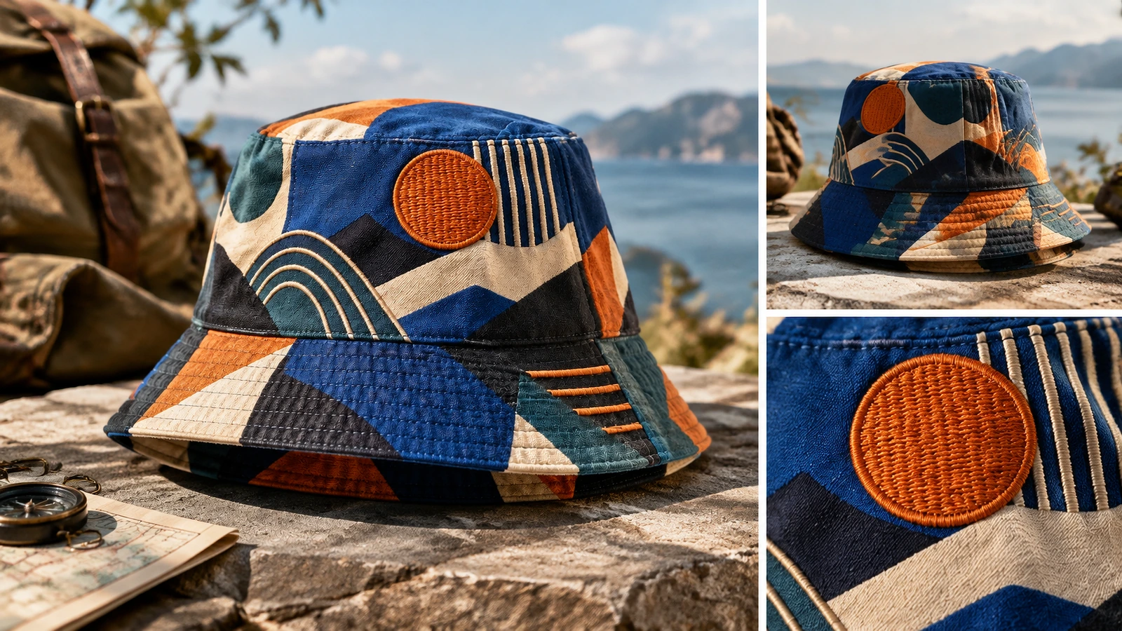 Collage de bobs en extérieur avec une vue arrière et un gros plan sur la broderie