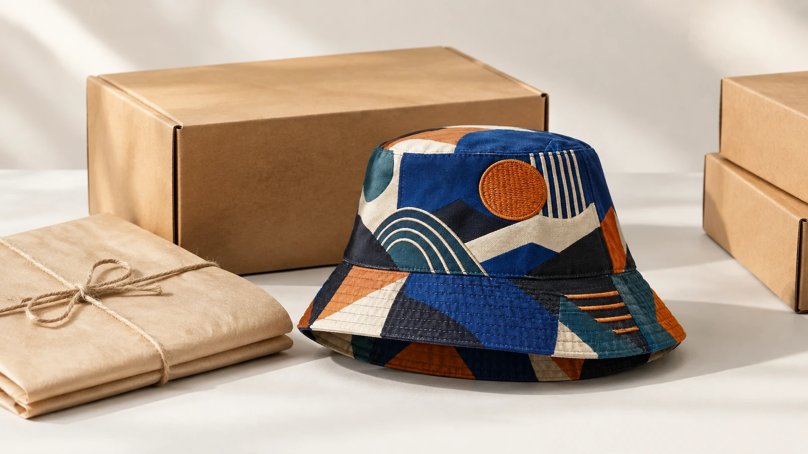 Bob à motifs à côté de cartons et d'un colis emballé de papier