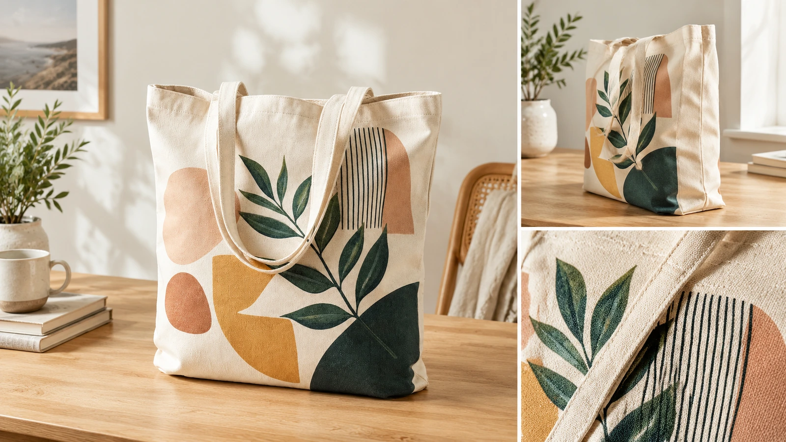 Collage présentant un tote bag en toile imprimé, vue de profil, et gros plan sur le motif et le tissu