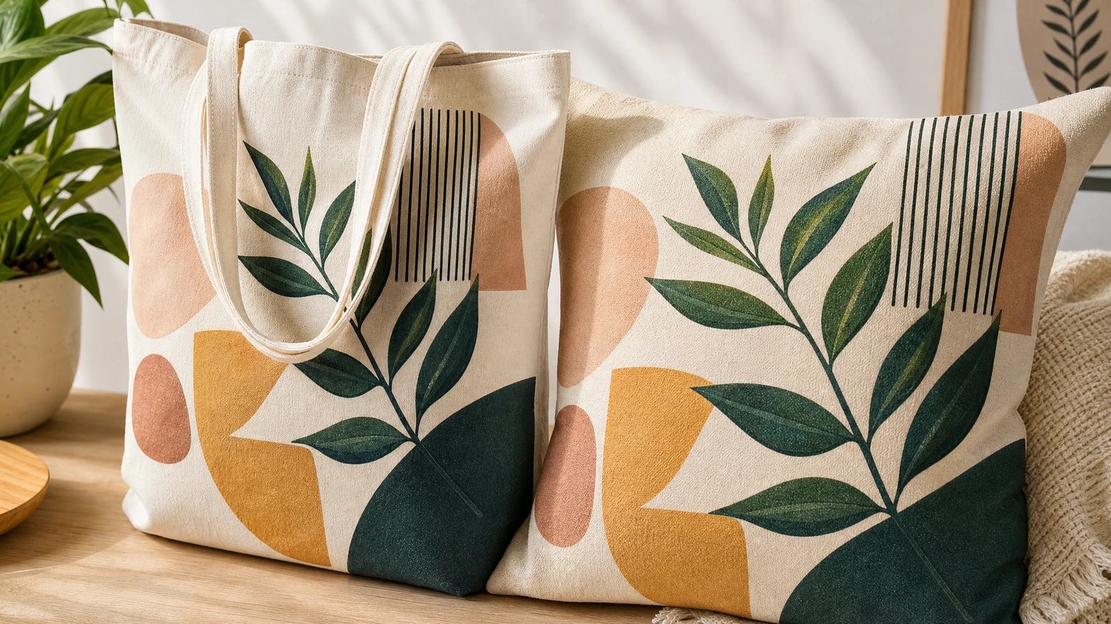 Tote bag en toile imprimé à côté d'un coussin orné de motifs de feuilles et géométriques assortis