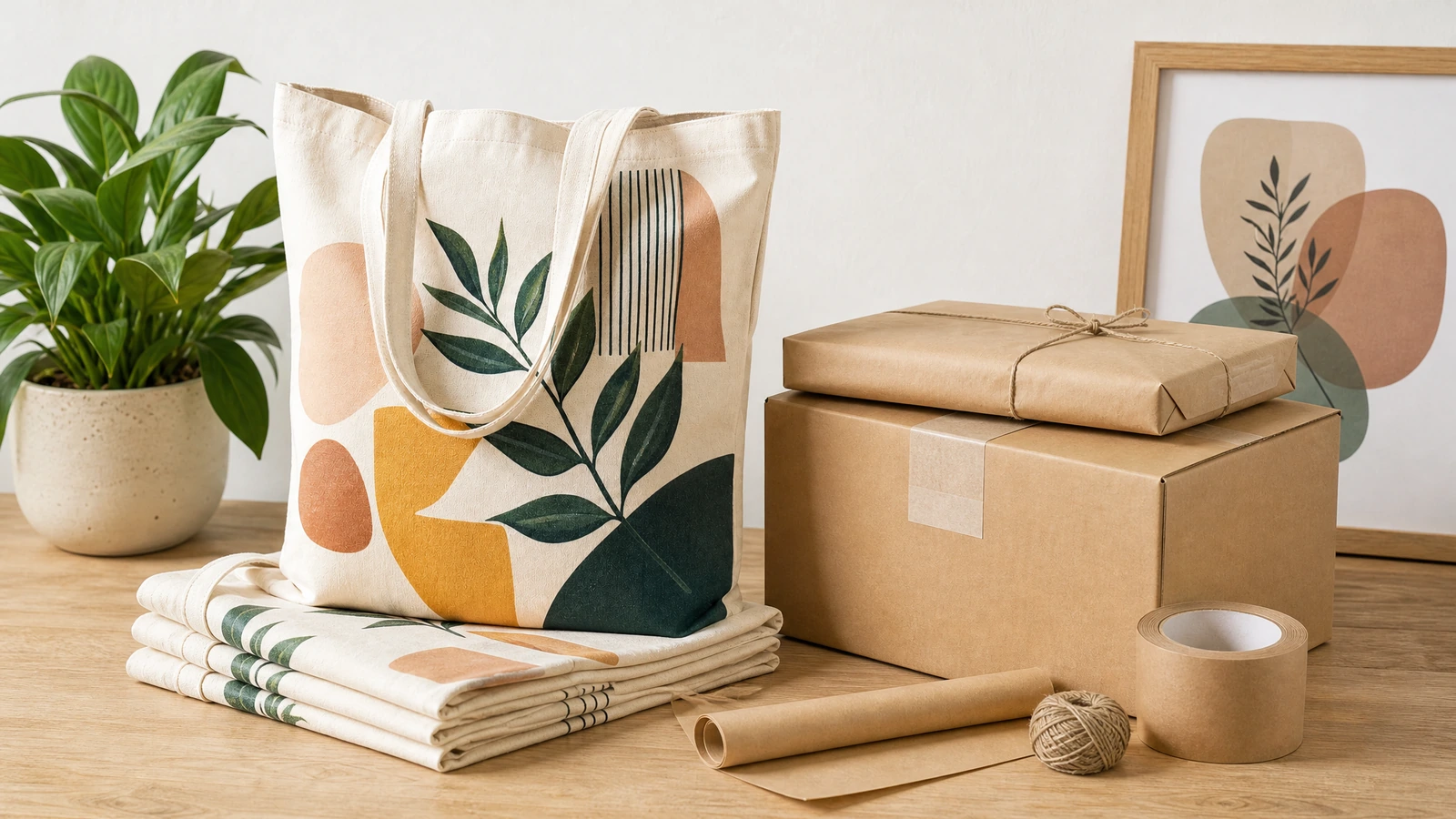 Tote bag en toile imprimé et sacs assortis pliés, à côté de cartons et de matériel d'emballage
