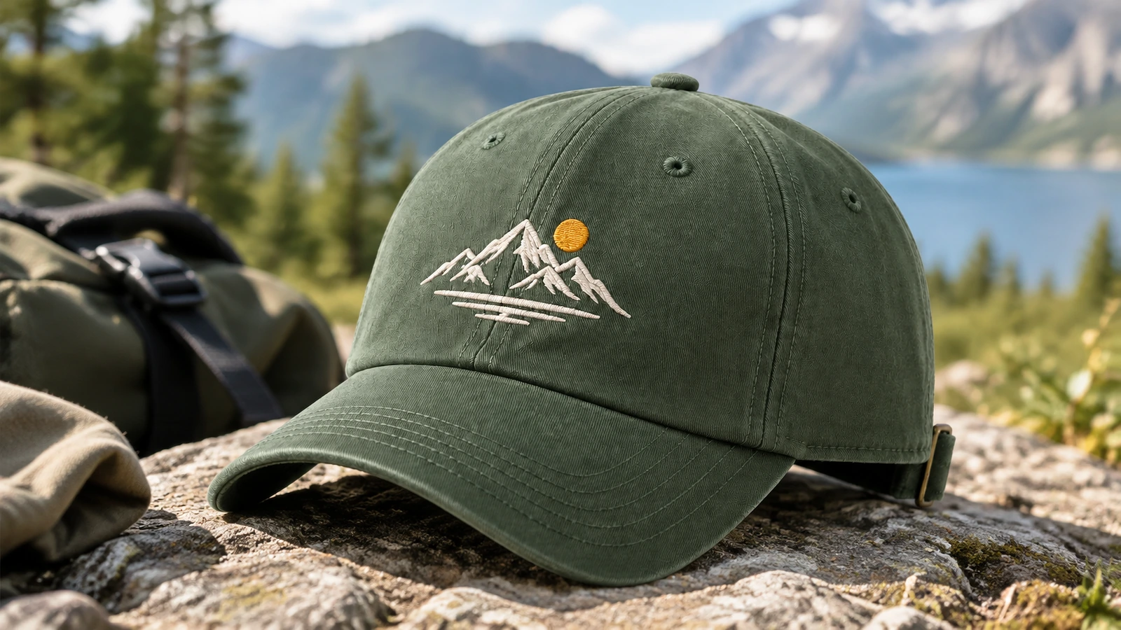 Casquette brodée verte à côté d'un sac à dos face à un lac et des montagnes