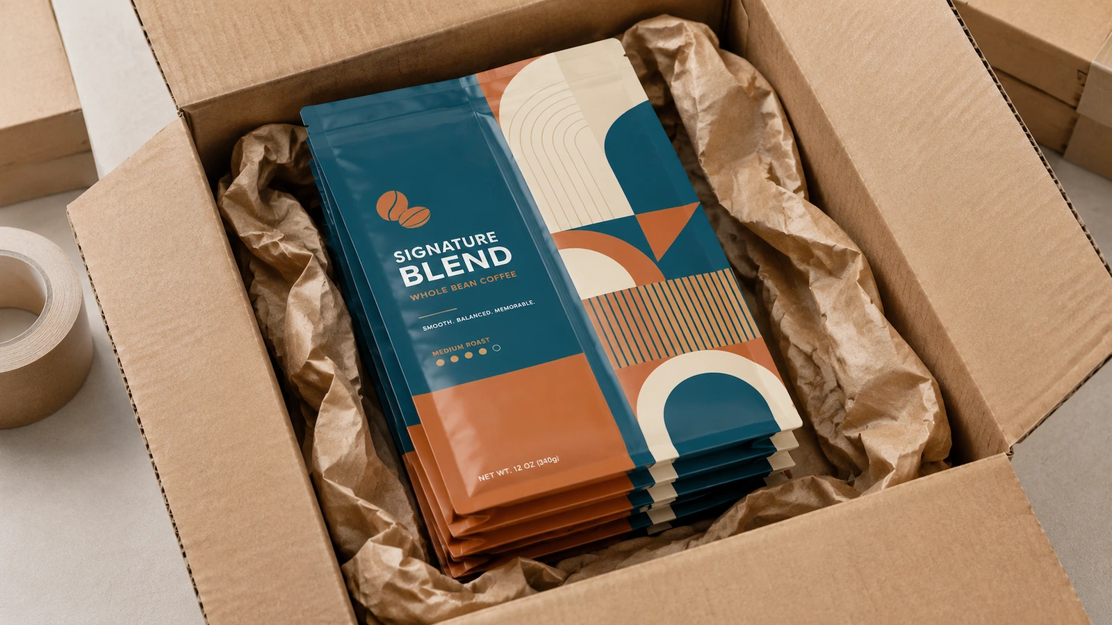 Pile de sachets à café imprimés dans un carton ouvert calé avec du papier kraft