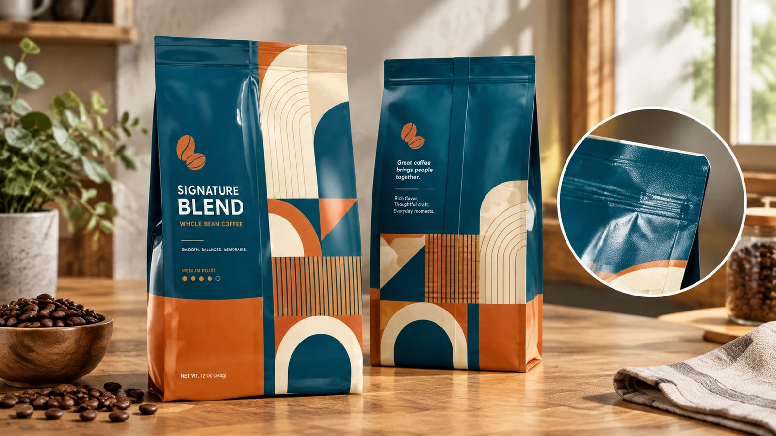 Vues avant et arrière d'un sachet à café, avec un agrandissement en encart du bord scellé supérieur