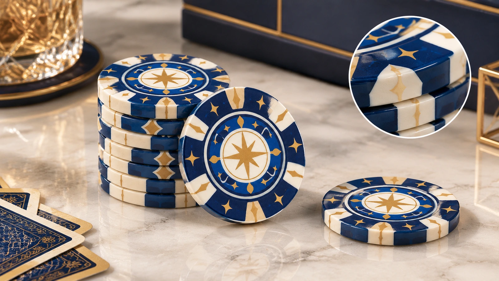 Disques à motif d'étoile sur une table, à côté de cartes à jouer avec un encart du motif de tranche