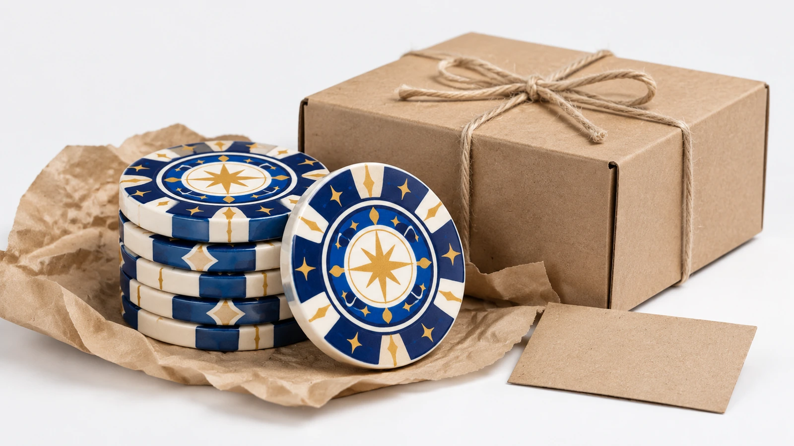 Disques à motif d'étoile sur du papier froissé, à côté d'une boîte cadeau en kraft attachée avec de la ficelle
